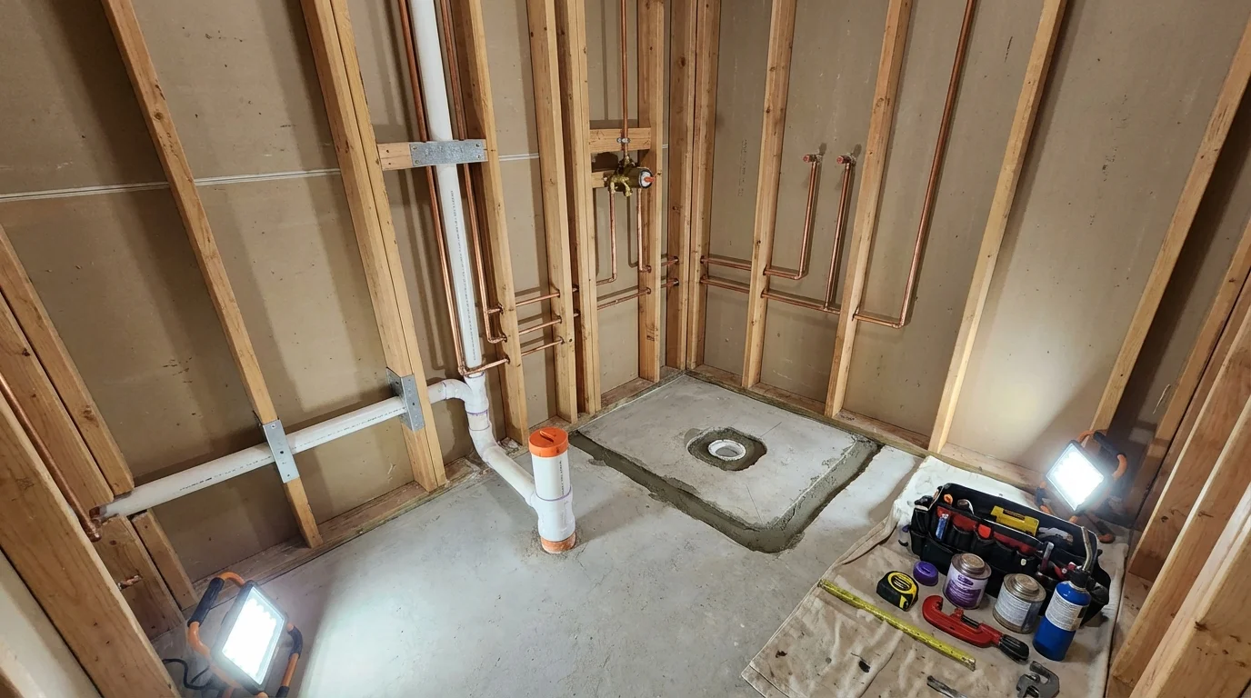 Bathroom rough-in plumbing during remodel by Johns Plumbing LLC in Northridge
