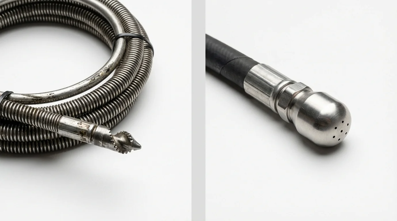 Drain snake cable and hydro jetting nozzle used for drain cleaning in Northridge, CA