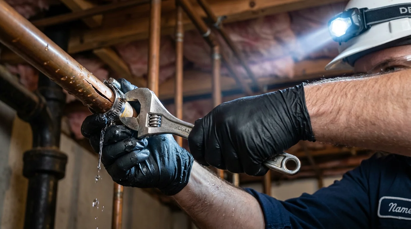 Emergency pipe clamp repair being performed by a Johns Plumbing LLC plumber in Northridge