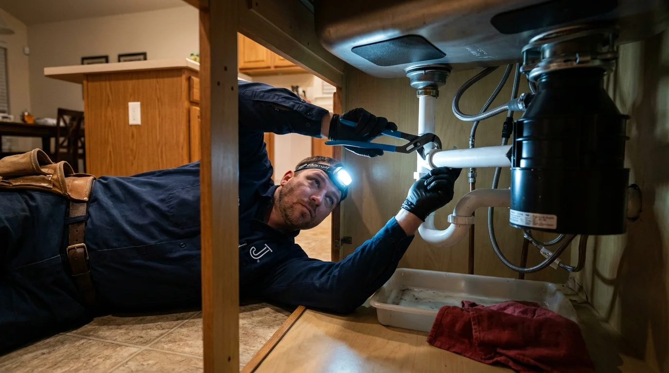 P-trap and supply line connections under a kitchen sink showing a common leak point in Northridge, CA